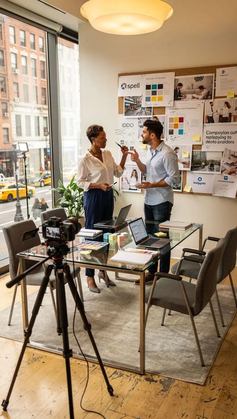 Zespół specjalistów omawiających planowanie treści na spotkaniu w studio rozwoju marki osobistej.